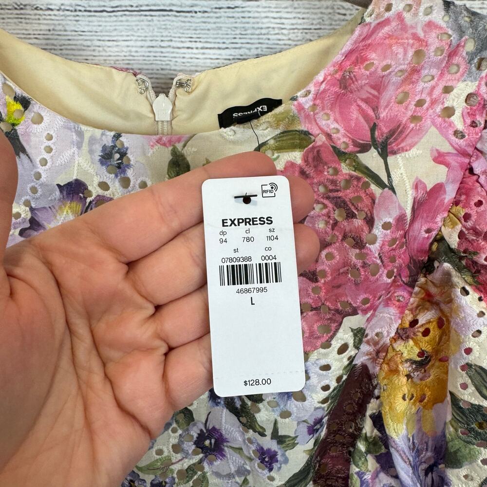 Express Women's Colorful Eyelet Lace Spring Ruffle Floral Dress Size Large - Picture 7 of 11